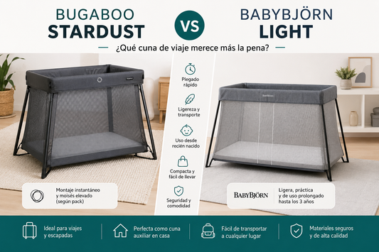 Bugaboo Stardust vs BabyBjörn Light, comparativa de dos cunas de viaje plegables para bebé con montaje rápido, ligereza, transporte y uso desde recién nacido.