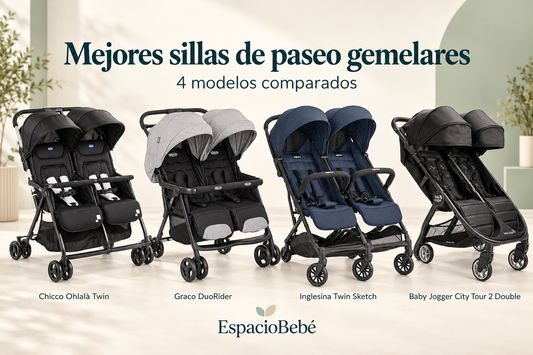 Comparativa de sillas de paseo gemelares Chicco Ohlalà Twin, Graco DuoRider, Inglesina Twin Sketch y Baby Jogger City Tour 2 Double.