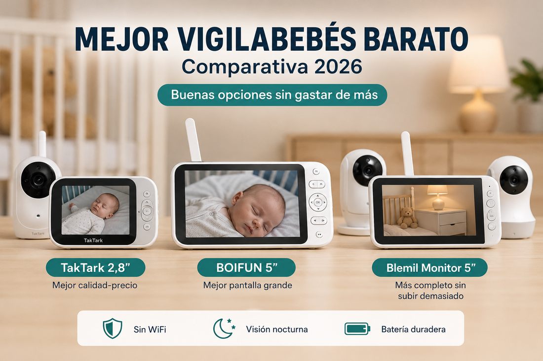 Comparativa de vigilabebés baratos 2026 con TakTark 2,8”, BOIFUN 5” y Blemil Monitor 5” en una habitación de bebé