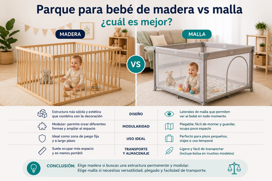 Comparativa entre parque para bebé de madera y parque de malla en un salón, destacando diferencias de plegado, espacio y movilidad