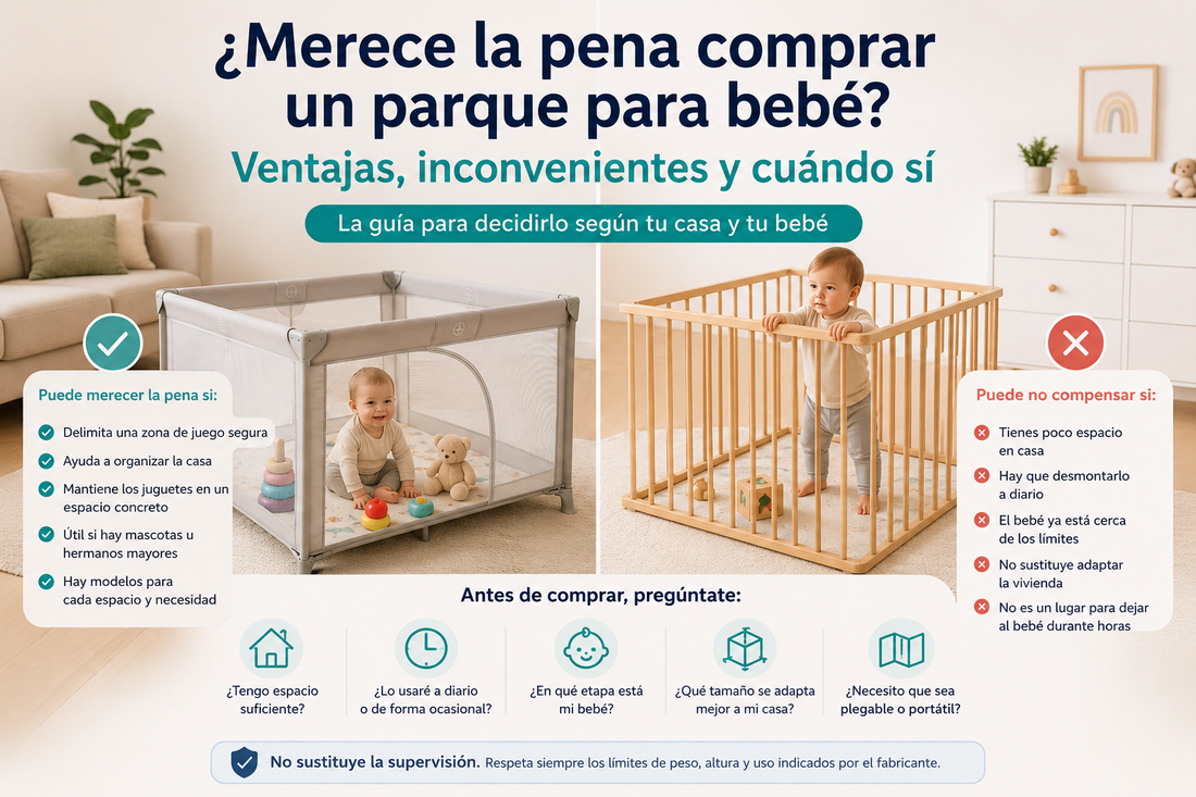 Comparativa visual sobre si merece la pena comprar un parque para bebé, con ventajas, inconvenientes y tipos de vivienda
