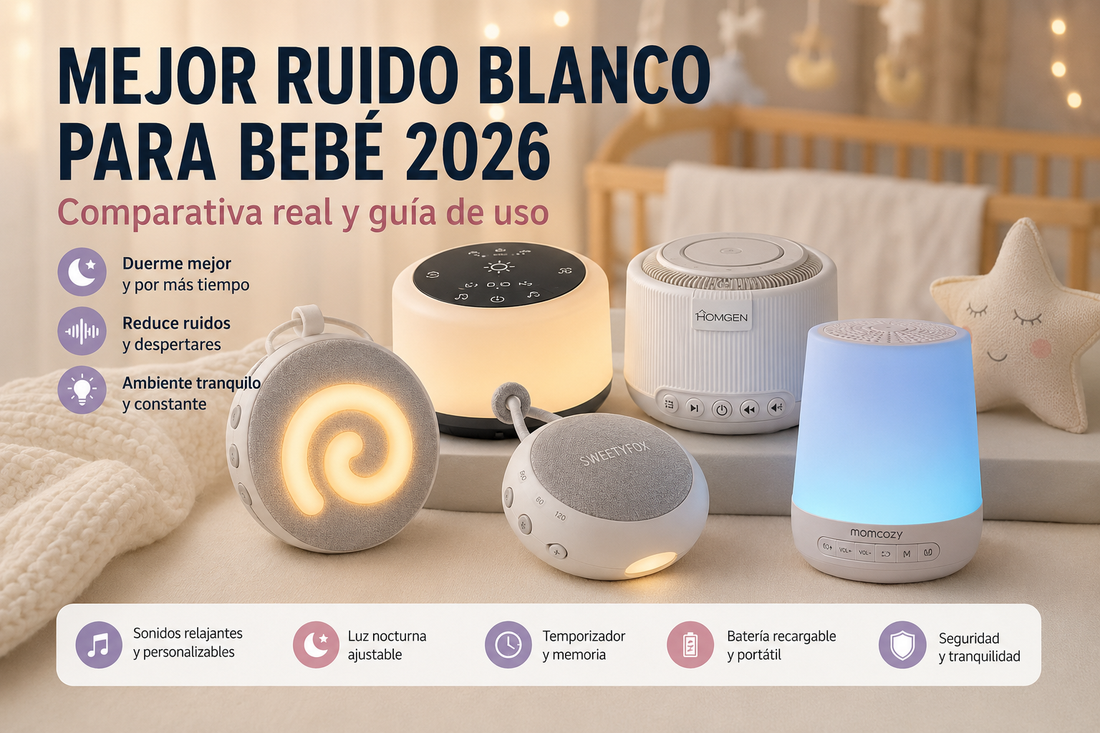 Comparativa de las mejores máquinas de ruido blanco para bebé en 2026 con luz nocturna y sonidos relajantes para dormir