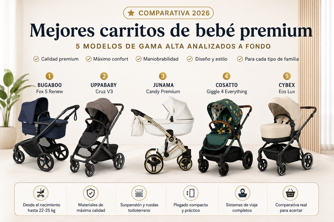 Mejores carritos de bebé premium: Bugaboo Fox 5 Renew, UPPAbaby Cruz V3, Junama Candy Premium, Cosatto Giggle 4 y CYBEX Eos Lux