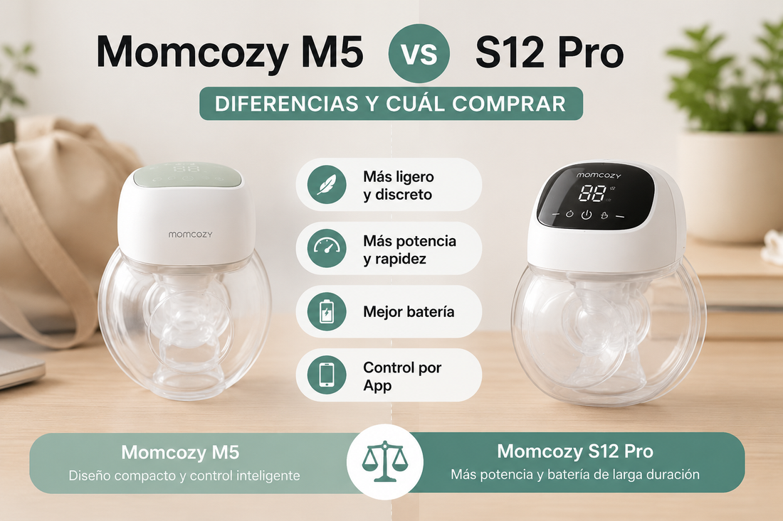 Momcozy M5 vs Momcozy S12 Pro, comparativa de dos sacaleches manos libres inalámbricos para lactancia, con diseño compacto, batería y uso fuera de casa.
