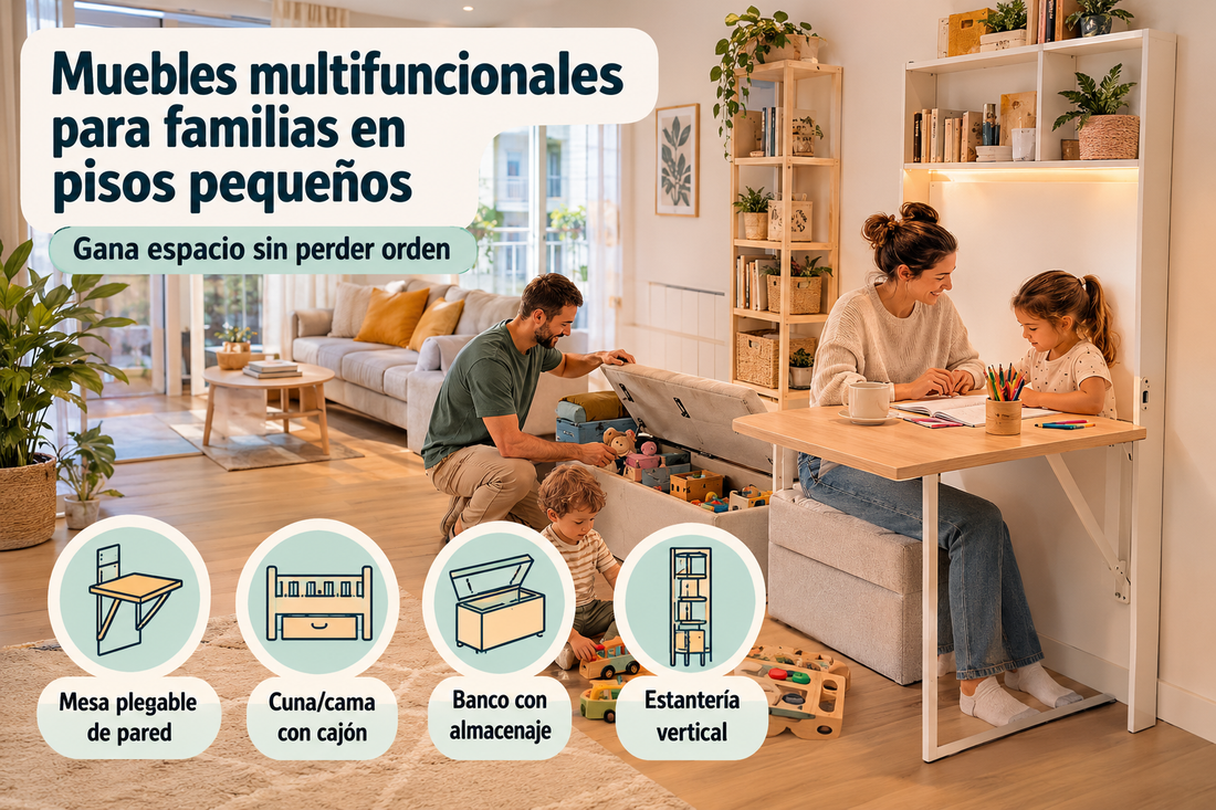 Muebles multifuncionales para familias en pisos pequeños con mesa plegable, banco con almacenaje y estanterías verticales