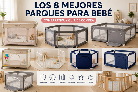 Parque para bebé amplio y seguro en un salón luminoso, con zona de juego acolchada