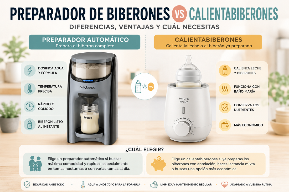 Preparador automático de biberones junto a un calientabiberones