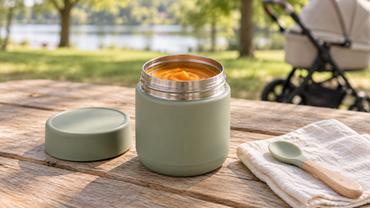 Termo para papillas con puré y cuchara sobre una mesa, con un carrito de bebé al fondo.
