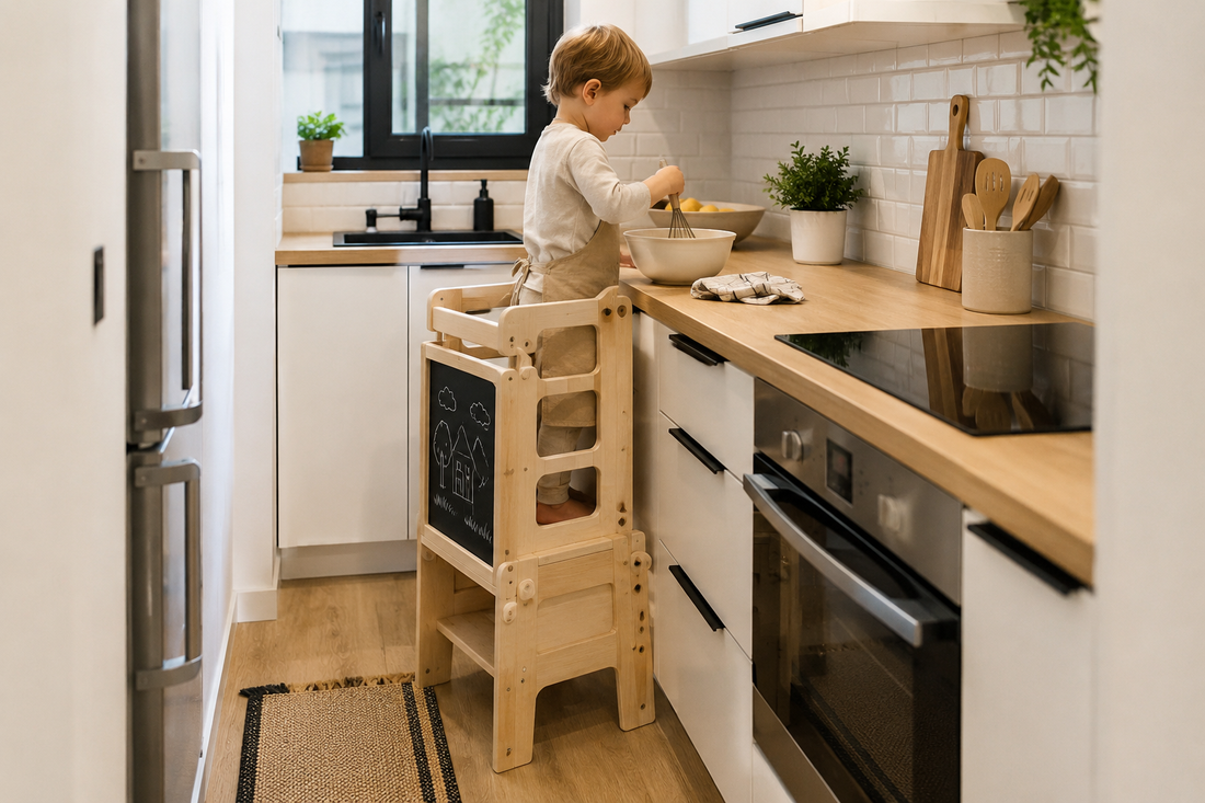 Torre de aprendizaje Montessori plegable en una cocina pequeña para aprovechar mejor el espacio
