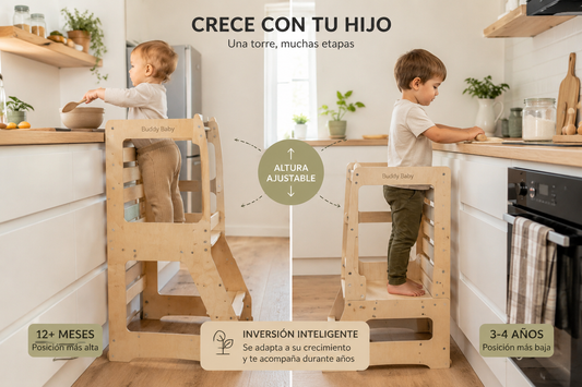 Torre de aprendizaje ajustable mostrando diferentes alturas para acompañar el crecimiento del niño