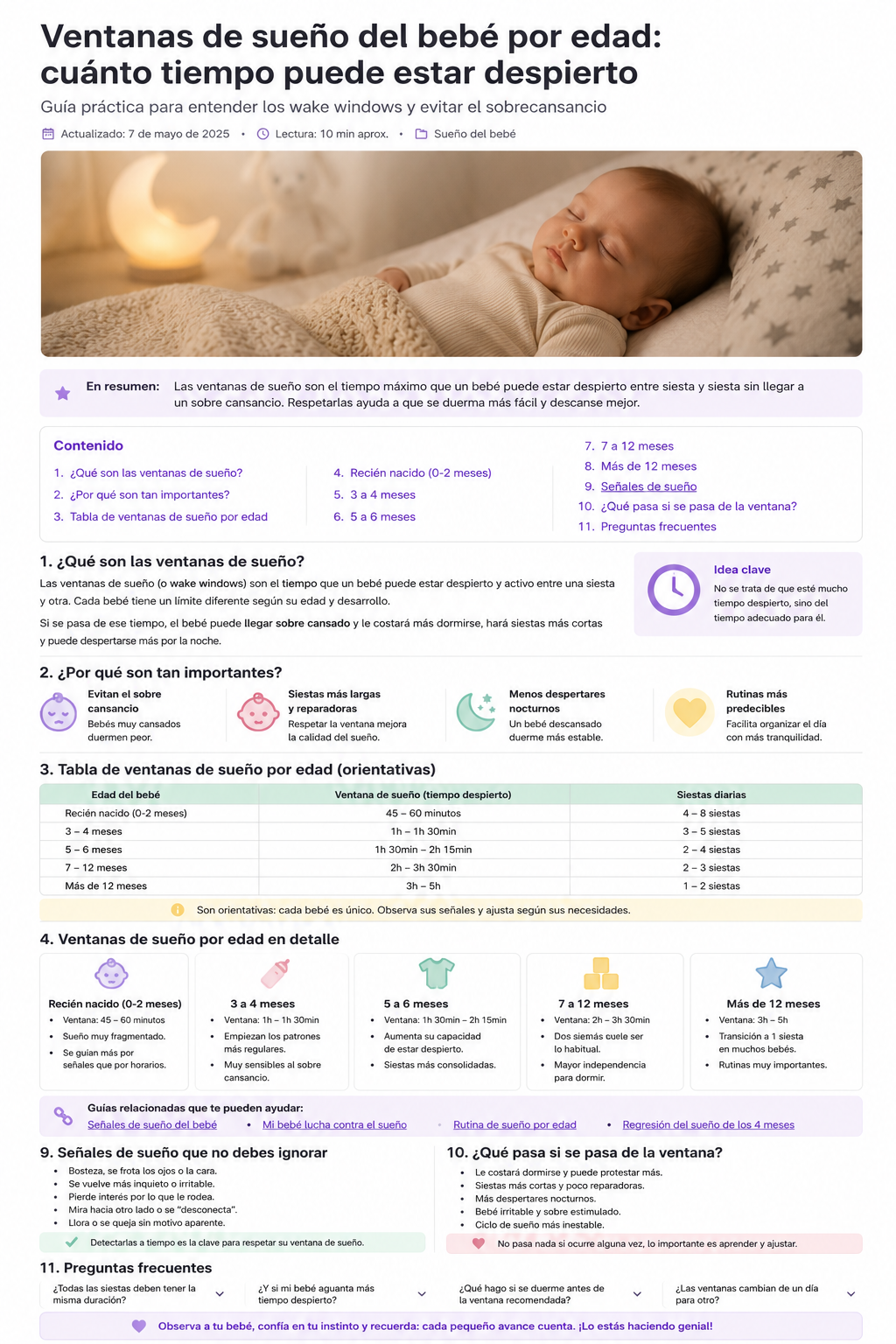 Ventanas de sueño del bebé por edad con bebé durmiendo tranquilo en habitación relajante