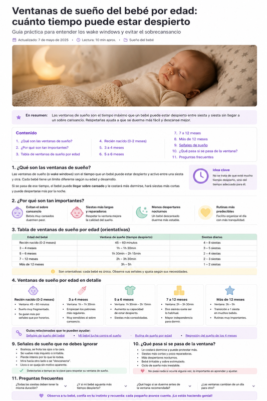 Ventanas de sueño del bebé por edad con bebé durmiendo tranquilo en habitación relajante