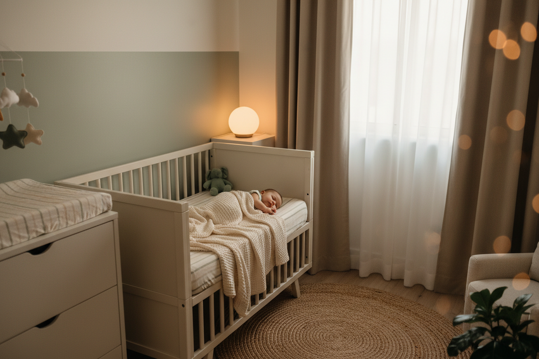 Bebé durmiendo tranquilo en una habitación relajante con ambiente ideal para mejorar el sueño infantil