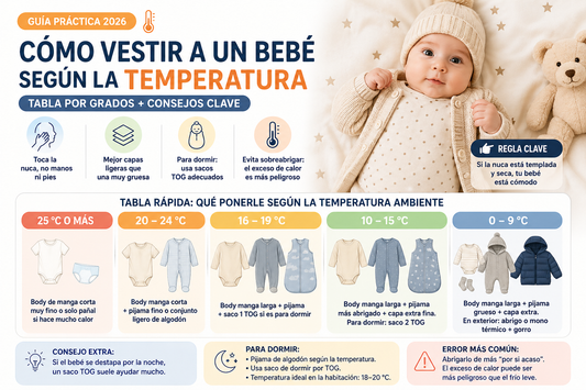 Tabla visual sobre cómo vestir a un bebé según la temperatura, con ropa recomendada por grados y consejos para dormir seguro