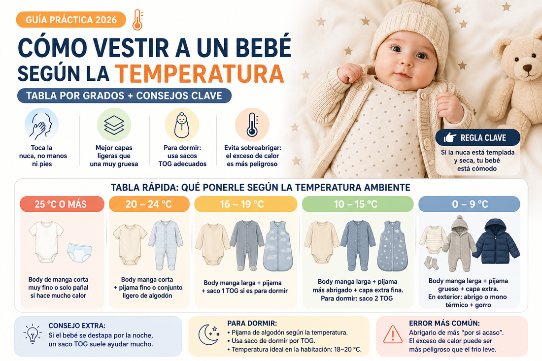 Tabla visual sobre cómo vestir a un bebé según la temperatura, con ropa recomendada por grados y consejos para dormir seguro