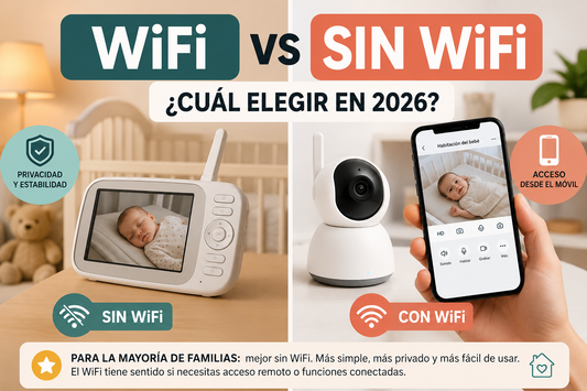 comparativa vigilabebés con wifi vs sin wifi en habitación de bebé mostrando monitor con pantalla y móvil con app