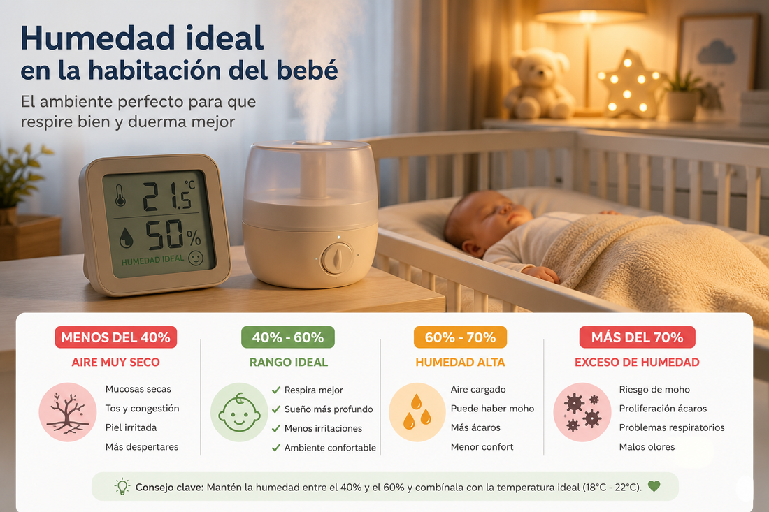 Habitación de bebé con un termómetro higrómetro marcando un 50 % de humedad y un humidificador funcionando junto a la cuna