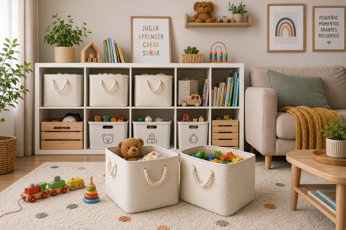 ideas para organizar juguetes en pisos pequeños con cajas y almacenaje infantil