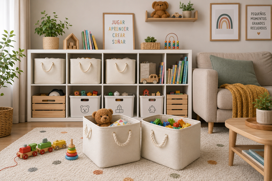 ideas para organizar juguetes en pisos pequeños con cajas y almacenaje infantil