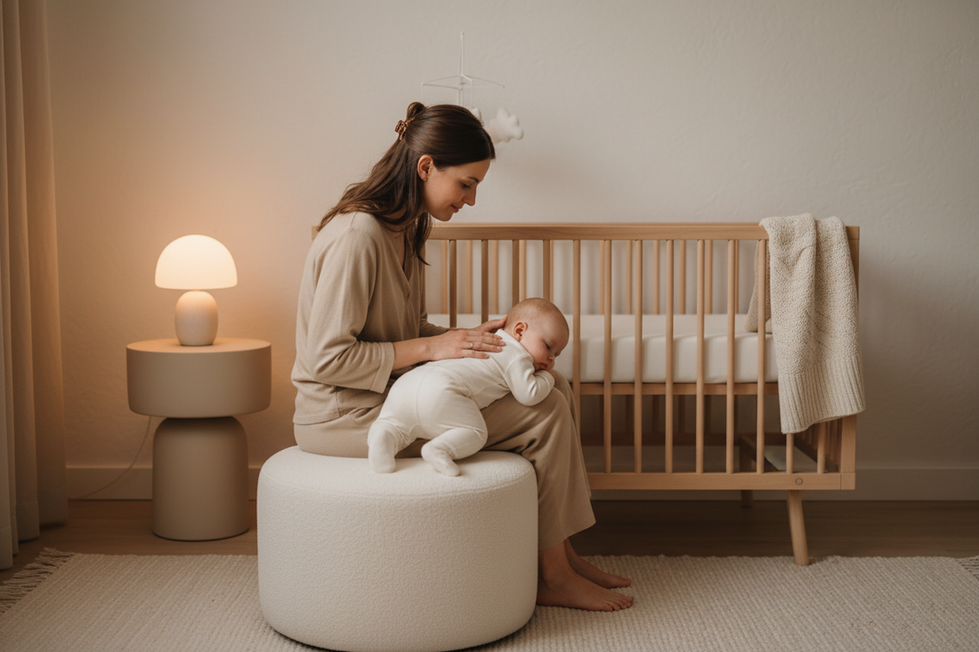 Madre ayudando a dormir a su bebé en una habitación tranquila y cálida durante la rutina nocturna