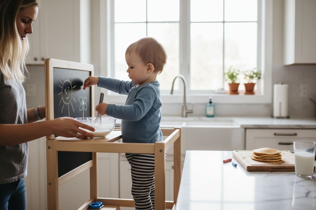 Niño utilizando una torre de aprendizaje con pizarra integrada en la cocina