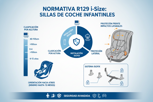 Infografía sobre normativa R129 i-Size para sillas de coche infantiles, con clasificación por altura, protección lateral y uso a contramarcha