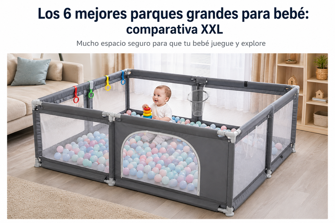 Parque grande XXL para bebé con paredes de malla y amplia zona de juego en un salón luminoso