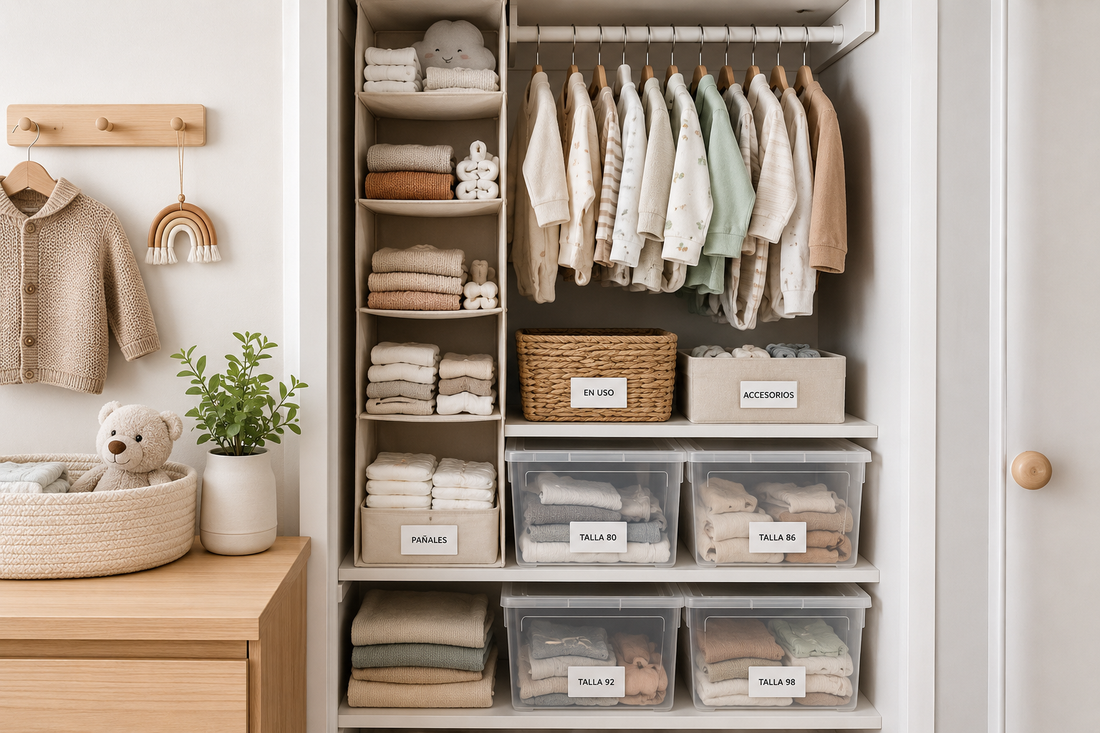 ropa infantil organizada en un armario pequeño con cajas y almacenaje vertical en piso pequeño
